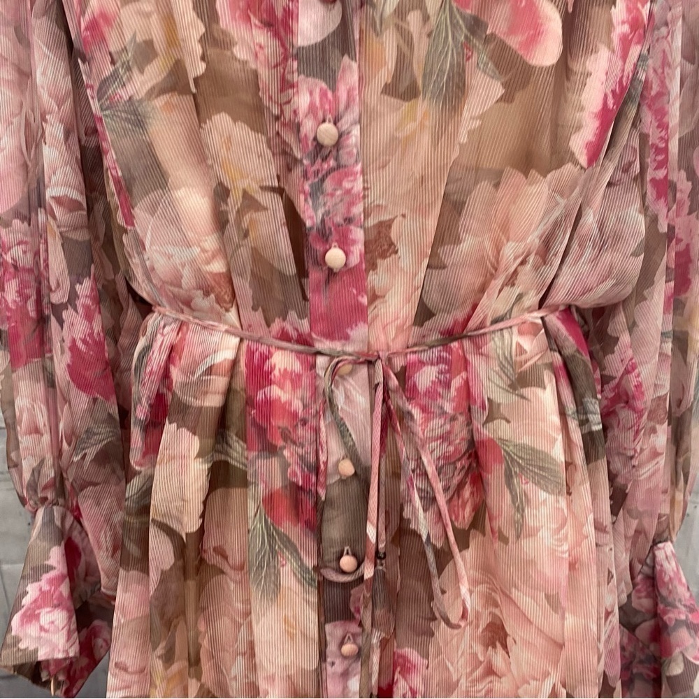 Alex Marie 24W Pink Purple Floral Long Puffed Sleeve Mock Neck Tiered Hem Dress - Picture 9 of 14